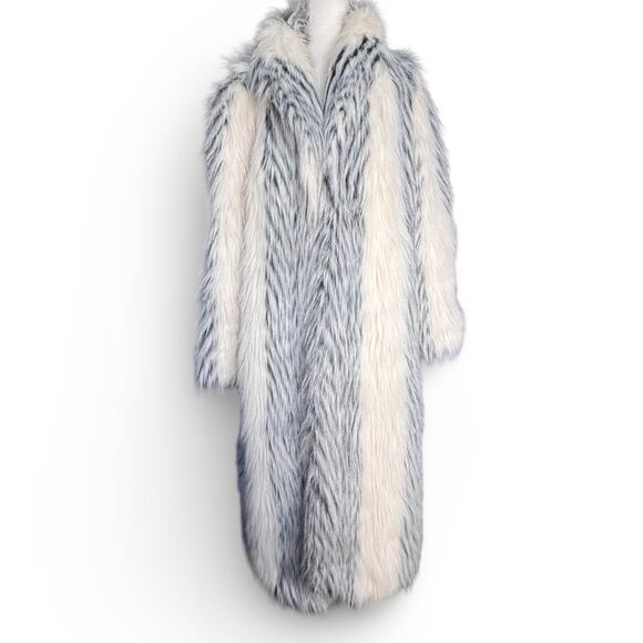 Vintage Jackets & Blazers - Vintage Donnybrook Faux Fur Long Coat White Gray Striped Plush Elegant Evening